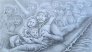 Rostros de migrantes: emociones de mujeres y niños en un barco de refugiados. Dibujo a lápiz de Jurita Kalite.