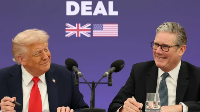 Keir Starmer y Donald Trump firman un acuerdo juntos, sonriendo. Banderas de Estados Unidos y el Reino Unido, con la palabra DEAL detrás.