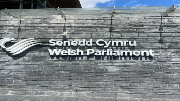 Senedd Cymru - Señalización del Parlamento de Gales fuera del edificio Senedd