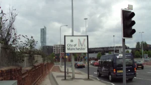 Sign on the A57 Regent Road on entering the City of Manchester from Salford, Greater Manchester.