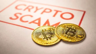 Cryptocurrency Scams letters and bitcoin coins