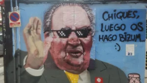 Mural about the escape of Juan Carlos I, made by J. Warx in July 2020, and restored by Füsta after it was destroyed by a Bourbon sympathizer.