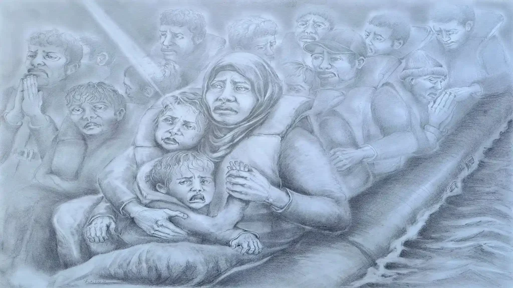 Faces of migrants: emotions of women and children on a refugee boat. Pencil drawing by Jurita Kalite.