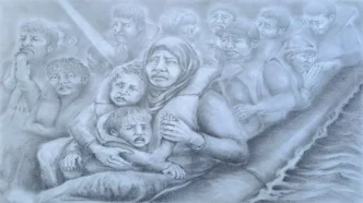 Faces of migrants: emotions of women and children on a refugee boat. Pencil drawing by Jurita Kalite.