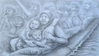 Faces of migrants: emotions of women and children on a refugee boat. Pencil drawing by Jurita Kalite.