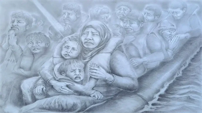 Faces of migrants: emotions of women and children on a refugee boat. Pencil drawing by Jurita Kalite.