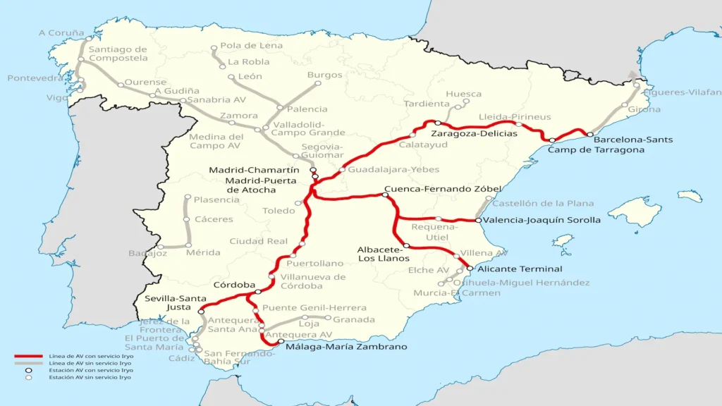 Map of Spain with Iryo Spain High Speed Rail