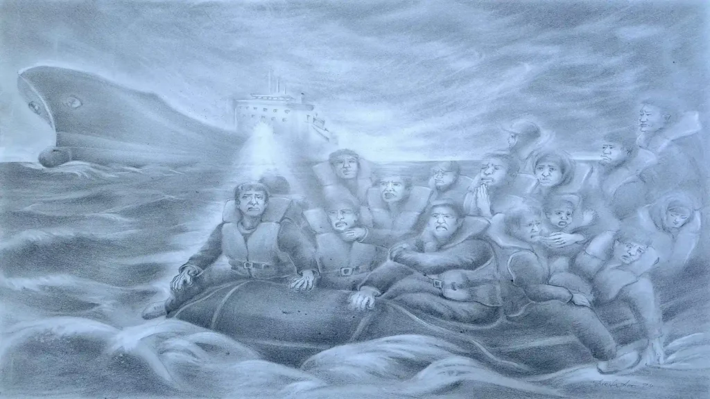 Risk of collision in the English Channel of a boat with refugees, pencil drawing by Jurita Kalite