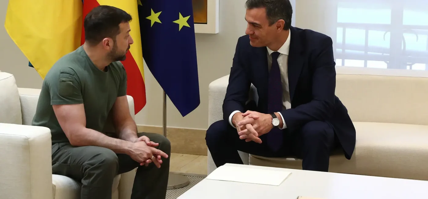 The Prime Minister, Pedro Sánchez, and the President of Ukraine, Volodymyr Zelensky, during their meeting at La Moncloa Palace. La Moncloa, Madrid, May 27, 2024