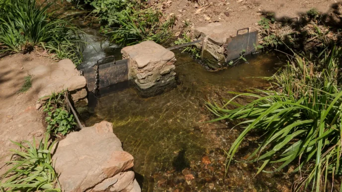 All the water in the Alhambra and in "Generalife" is natural spring water. It is channeled and conducted by a still working irrigation system originally organized by the Arab occupants. Granada, Spain.