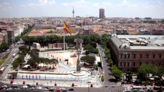 View of Jardines del Descubrimiento ("Gardens of Discovery") from a building at Plaza de Colón ("Columbus Square") in Madrid (Spain). At the right, the National Library.