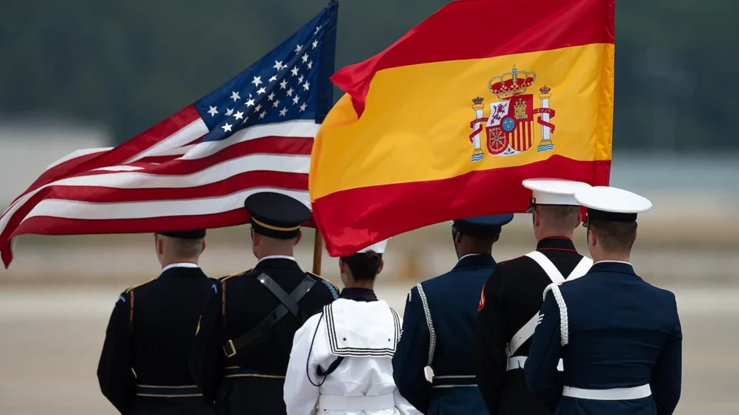 The Joint Armed Forces Color Guard carry the American and Spanish flags at Joint Base Andrews, Md., July 9, 2024. The color guard awaited Spanish Prime Minister Pedro Sánchez’s arrival for the 2024 NATO Summit in Washington, D.C. (U.S.
