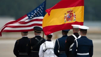 The Joint Armed Forces Color Guard carry the American and Spanish flags at Joint Base Andrews, Md., July 9, 2024. The color guard awaited Spanish Prime Minister Pedro Sánchez’s arrival for the 2024 NATO Summit in Washington, D.C. (U.S.
