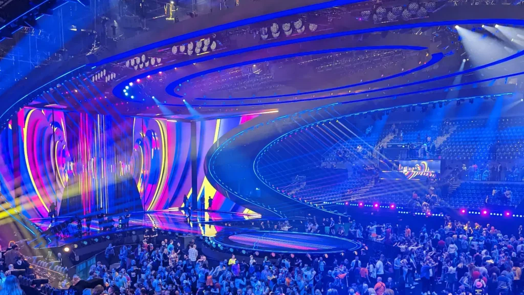 View of the performance stage at the Eurovision Song Contest 2023, as seen during the dress rehearsal of the first semi-final on 8th May 2023.