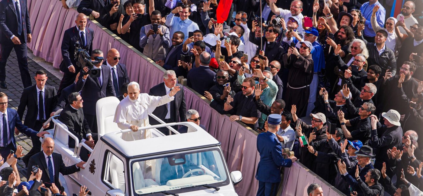 Pope Leo XIV in the popemobile at his inauguration